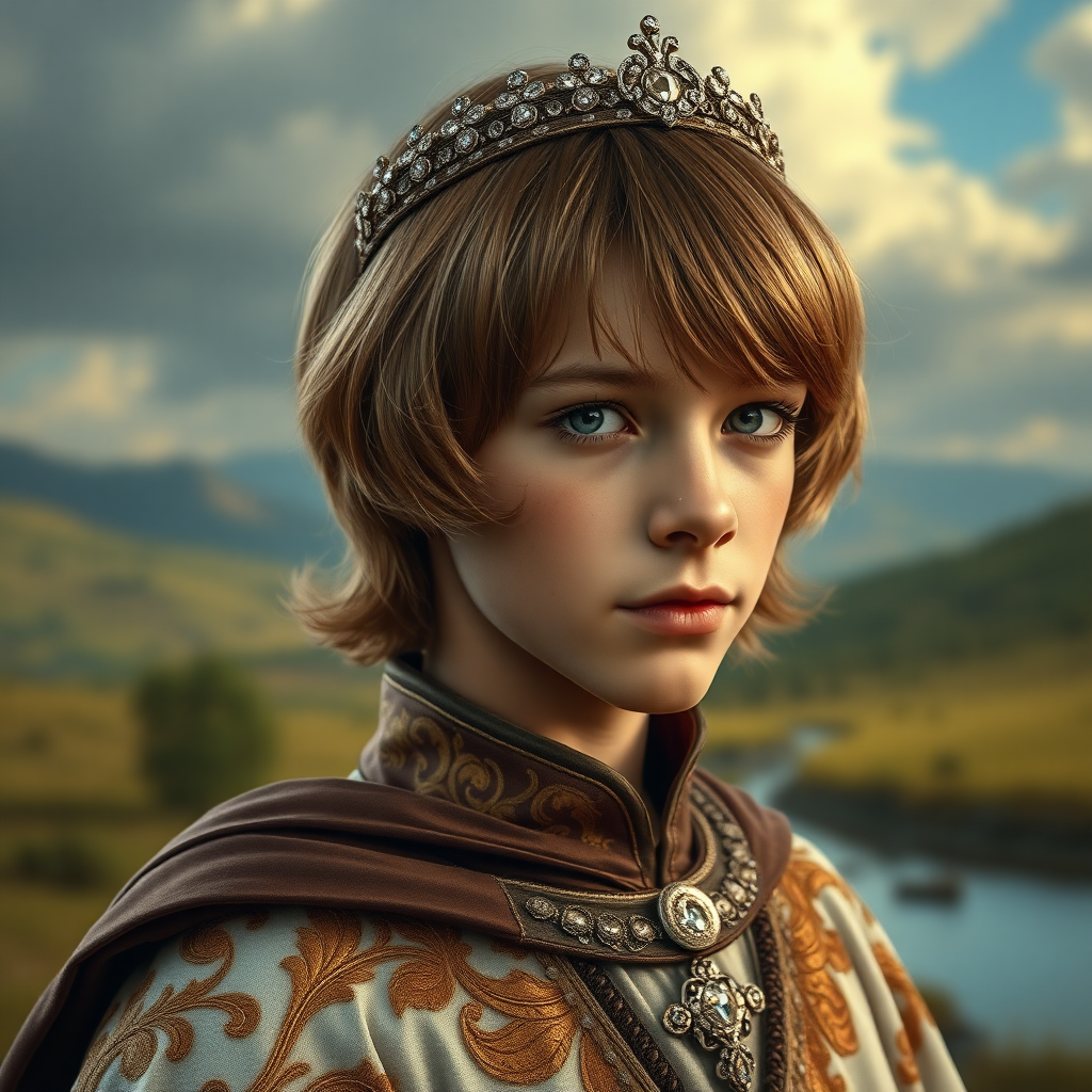 16yo teen boy prince, long bob cut, embroidered with gold and diamonds medieval cloths, diamond diadem, and Beautiful War. Free style by FLUX photorealistic. The background is in the style of landscape style by Antonio del Polaiolo, ultra high resolution, 16K,