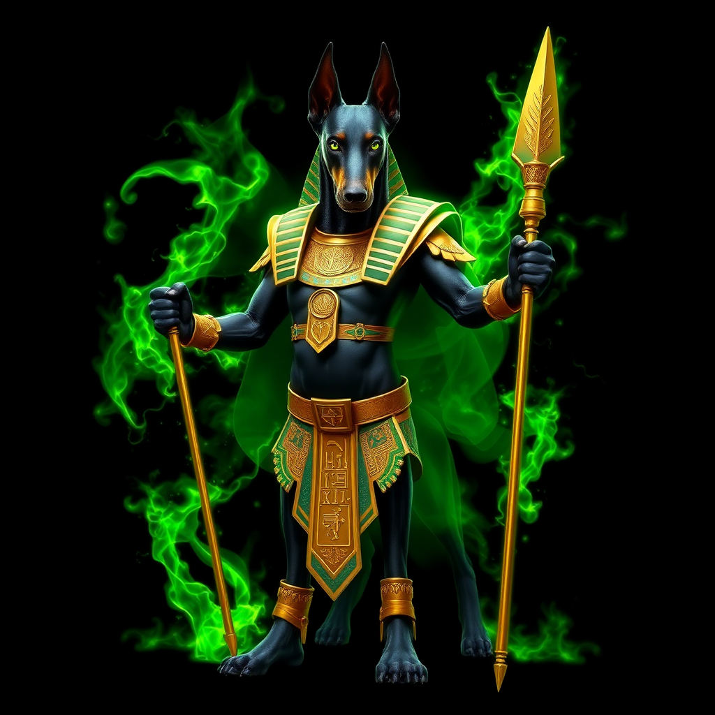 Black background, An imposing, humanoid Doberman with jet-black fur stands tall, clad in intricate golden-green Egyptian armor. He is Anubis, exuding an aura of power and command. In his left hand, he grips a golden, feathered wand spear adorned with ancient Egyptian symbols unique point, while vibrant green flames swirl around him, crackling with magic. His piercing eyes blaze with the same green fire, casting an intense glow. The full-body view reveals every detail of his regal legs, godlike presence, surrounded by a supernatural energy that radiates from his form.