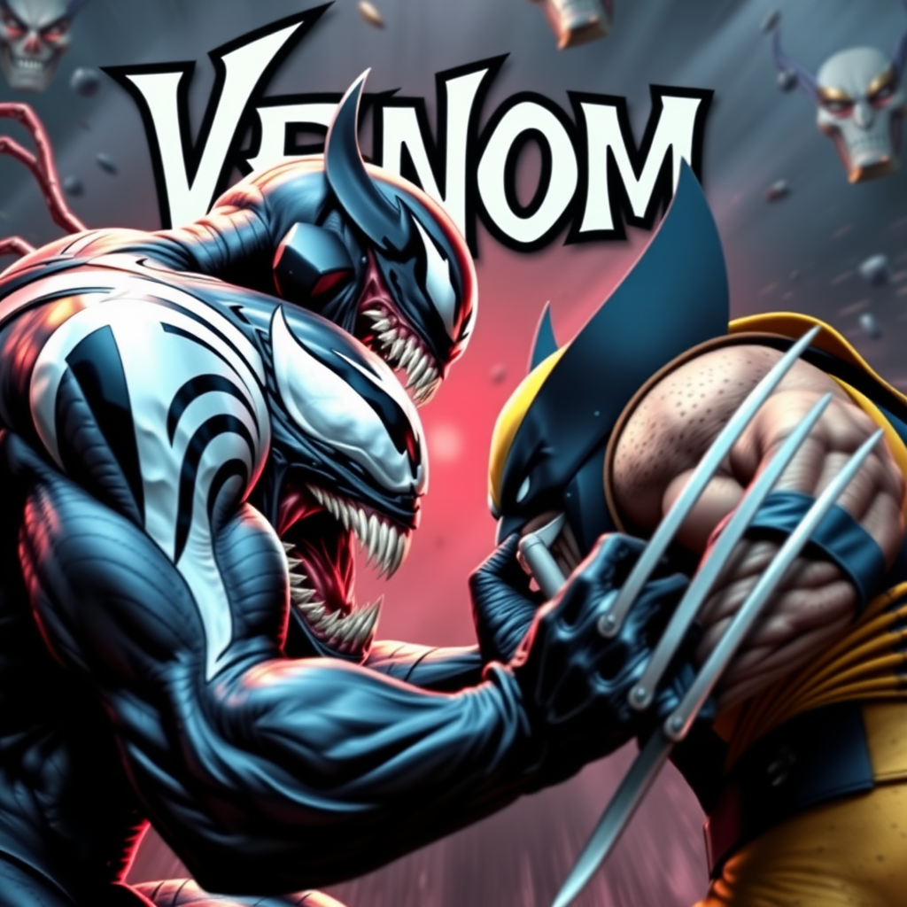 On a comic book cover is Venom Vs Wolverine in Cinematic Real3d photo-realistic quality.