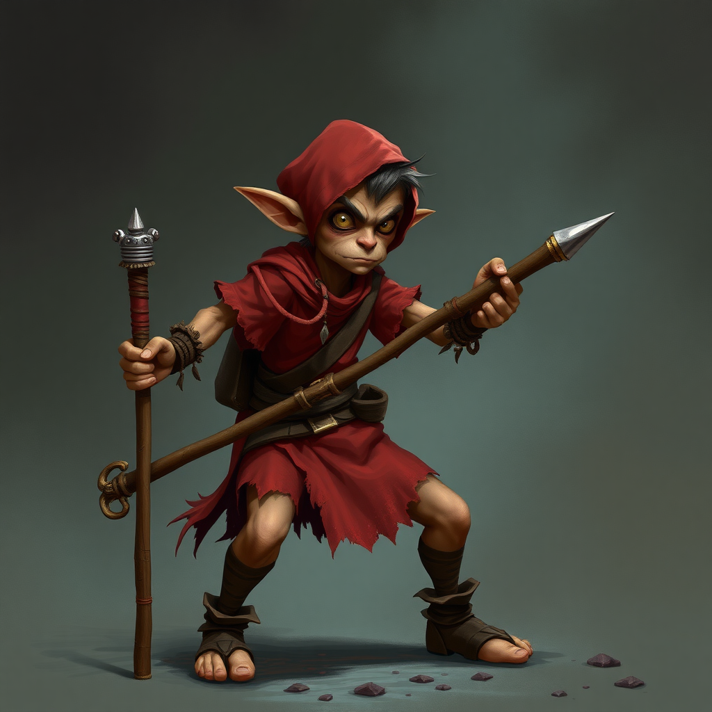 A small, skinny kobald in a tattered red tunic and dirty brown pants holding a quarterstaff in a threatening manner