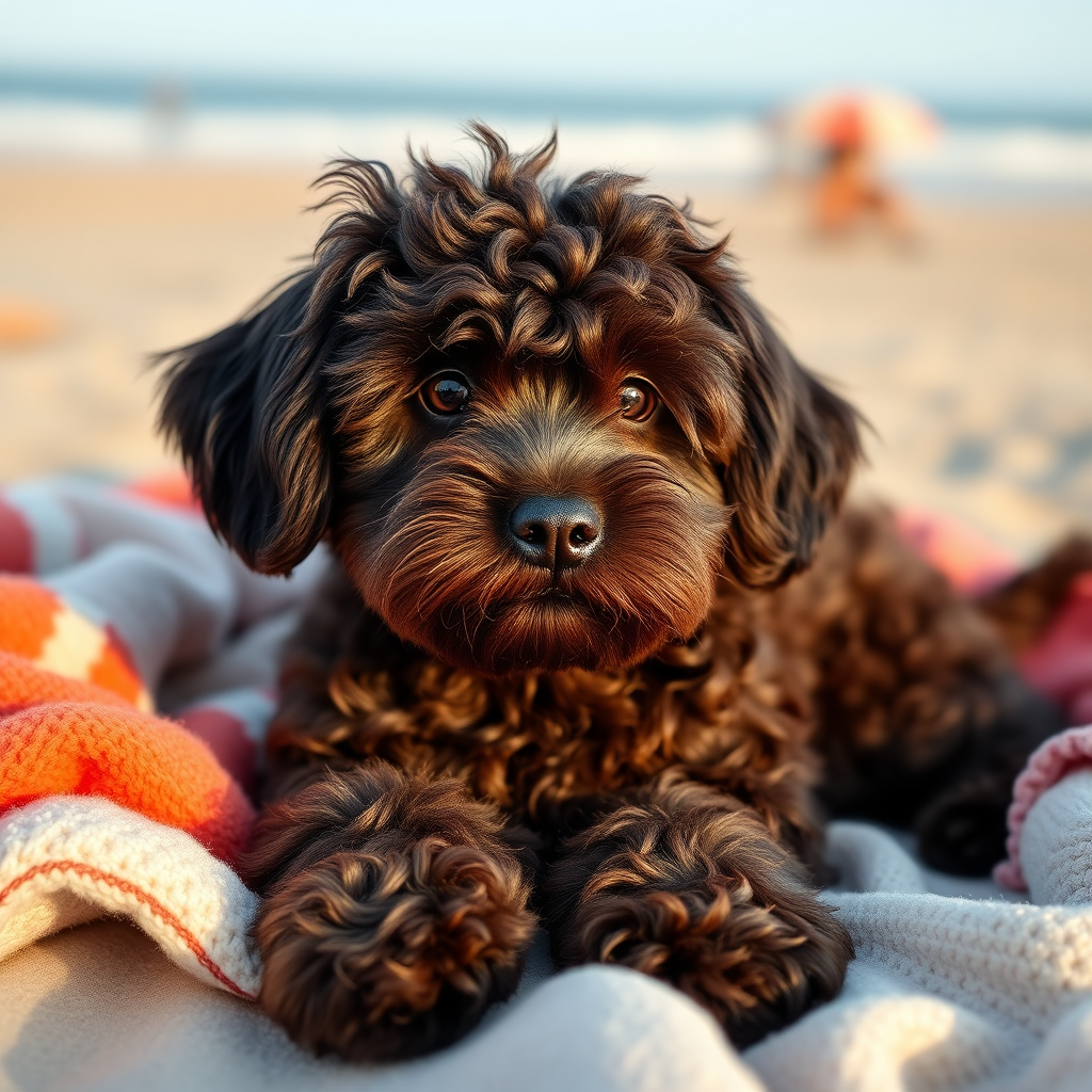 cute medium sized dark chocolate colored cockapoo, laying on super soft blankets on the beach, with his family