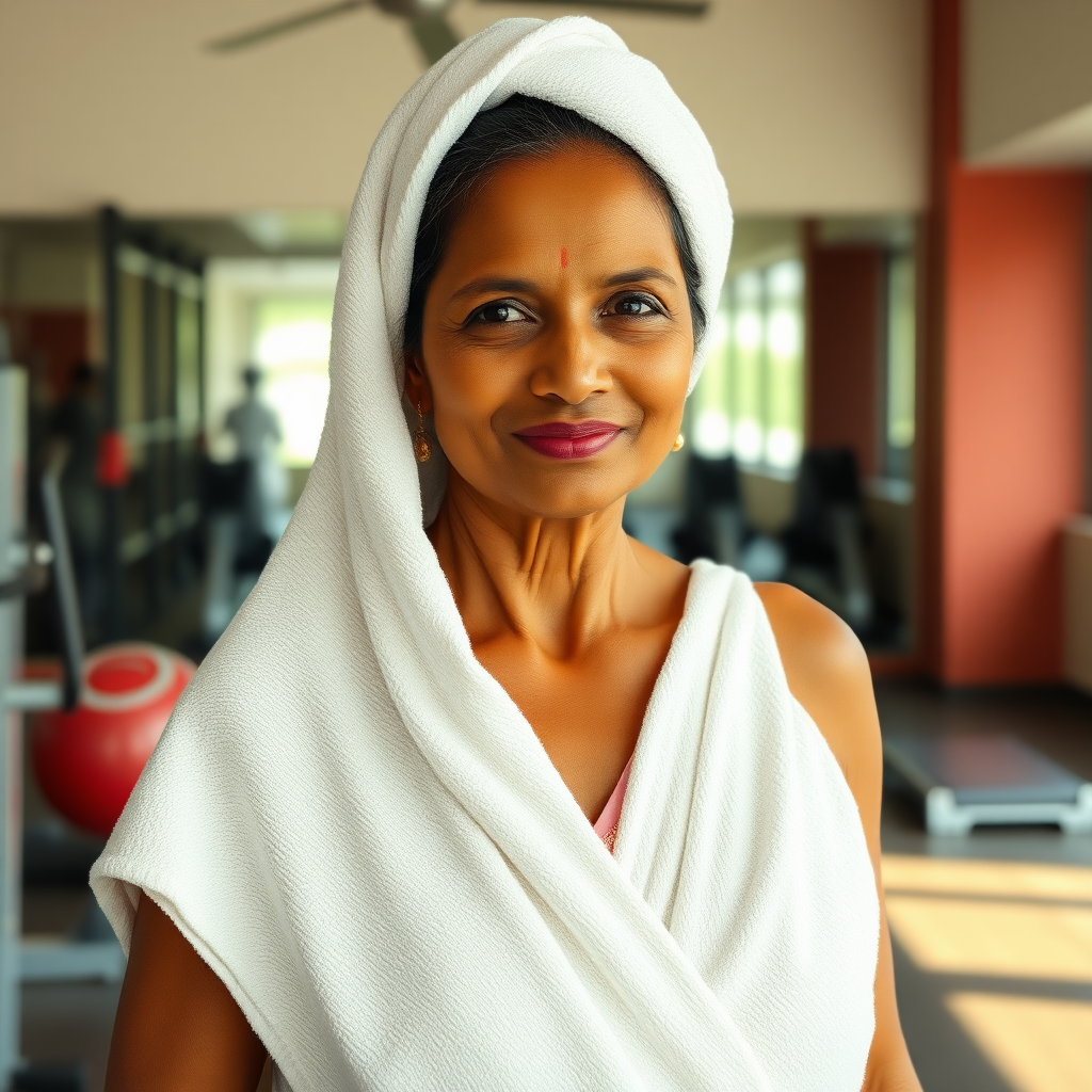 South Indian housewife, wrapped in towel, standing in gym