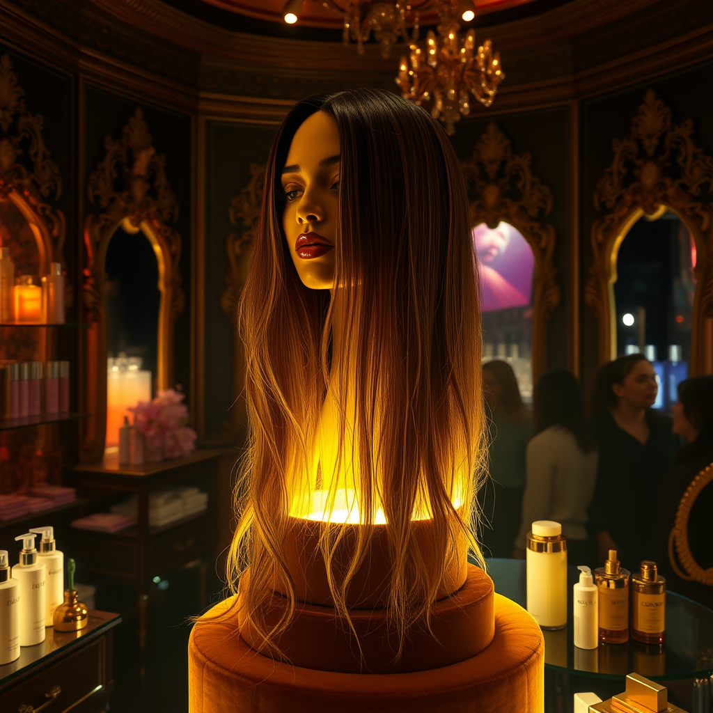 In a dimly lit boutique dedicated exclusively to long hair fetishism, a surreal centerpiece draws curious eyes: the disembodied head of a legendary pop icon, Beyoncé, her flowing locks cascading down like a waterfall of silk. Each strand appears meticulously styled, shimmering under the flickering light, with deep, glossy ebony hues that catch the eye and evoke a sense of both wonder and intrigue. 

The head is displayed prominently on a plush velvet pedestal, surrounded by an array of hair care products, ranging from luxurious oils to shimmering hair sprays, all designed to emulate her iconic look. The shop is filled with an intoxicating mix of enticing scents, combining floral perfumes with the faint aroma of hair products, creating a sensory experience that pulls customers into this unique world.

As patrons enter, the soft hum of ambient music plays in the background, enhancing the atmosphere of exclusivity. Adorned with intricate mirrors and soft, flattering lighting, the store exudes a sense of luxury, inviting customers to explore not just a product, but a fantasy.

Nearby, a small group of enthusiasts whispers excitedly, their voices tinged with admiration and a degree of disbelief at the sheer oddity of the display. Emotions range from playful curiosity to profound admiration, as they engage in animated discussions about hair, beauty, and the allure of celebrity culture, all while being captivated by the breathtaking vision before them.