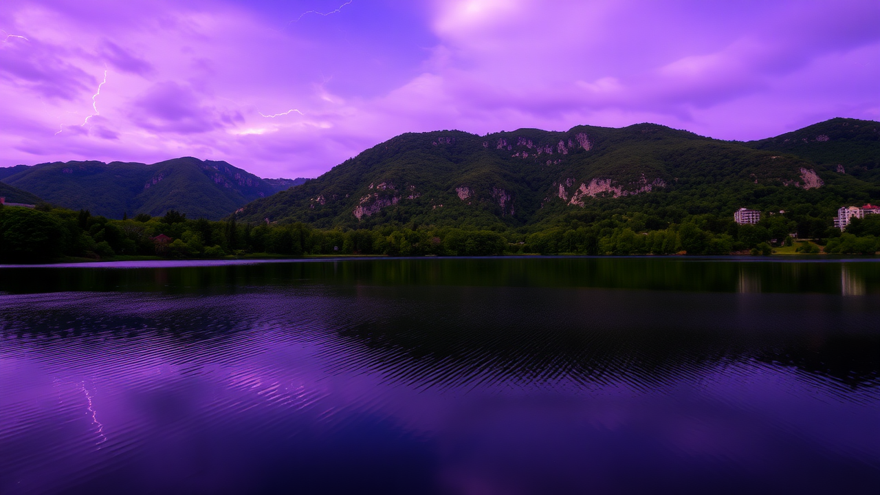 photo,lakes,nature,purple sky,lightning