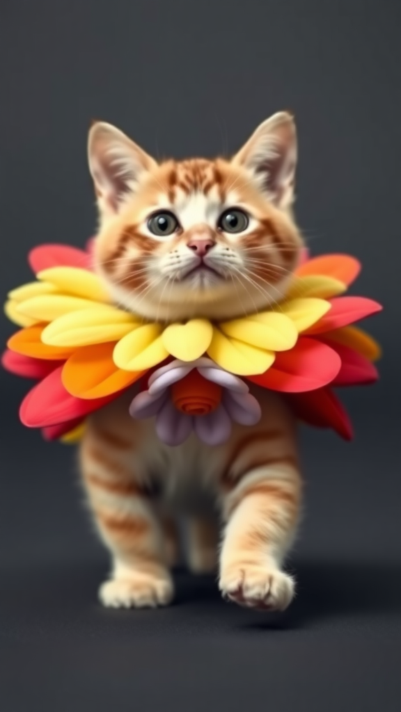 A little chubby big yes pink nose cat walking on two paws wearing a real colorful flower costume doing a ramp walk.