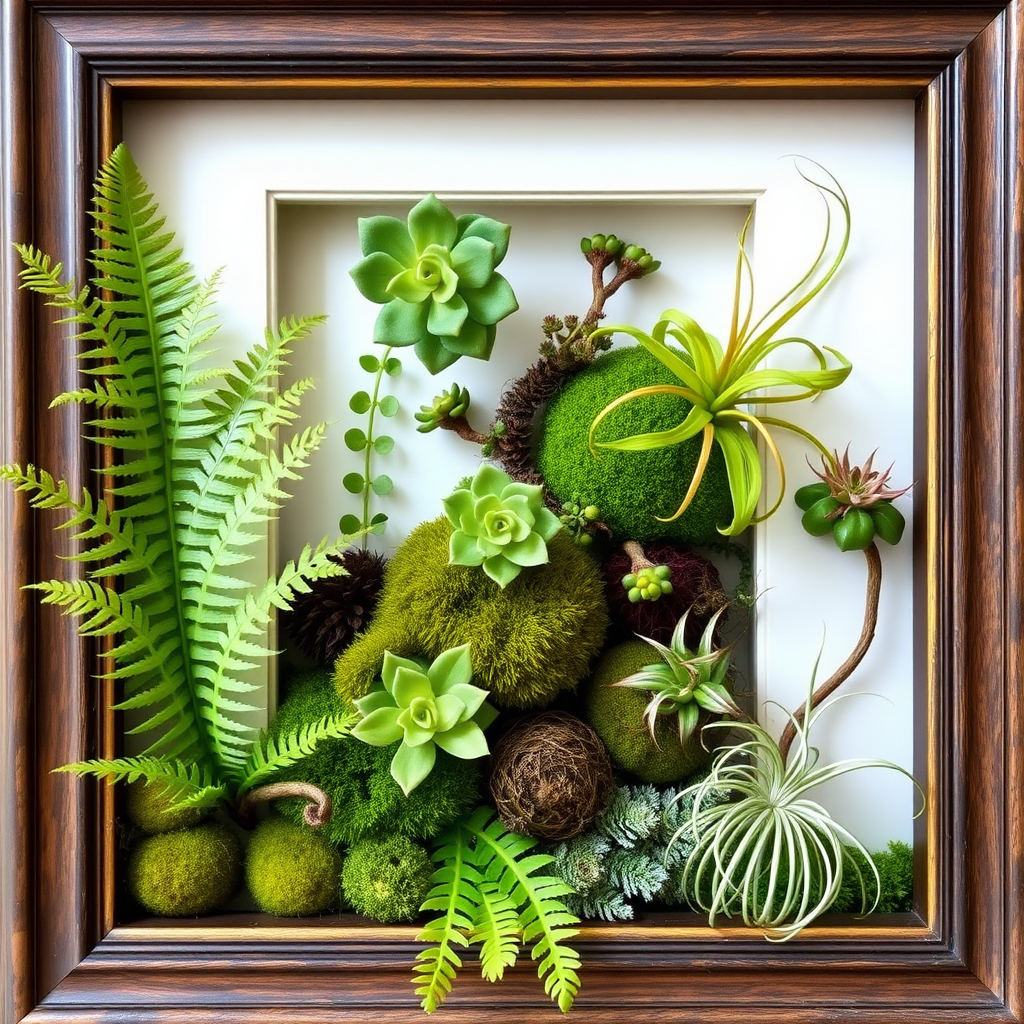 A picture frame is filled with ferns, flat moss, and air plants.