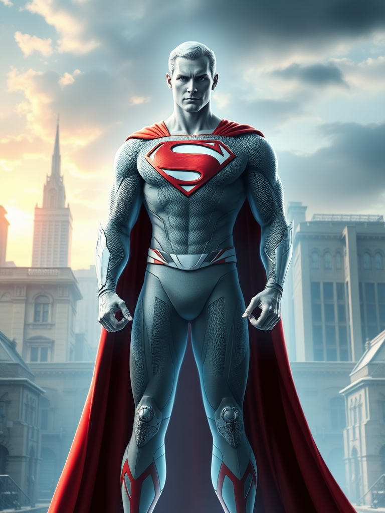 Generate a full-length image of Superman with the body type of Emma Frost while keeping Superman's head intact. The body silhouette should represent Emma Frost's physique. Incorporate embellishments of Emma Frost's costume into Superman's attire. As for the background, it should be an environment appropriate and symbolic for both characters, possibly a blend of Metropolis and the X-Mansion.