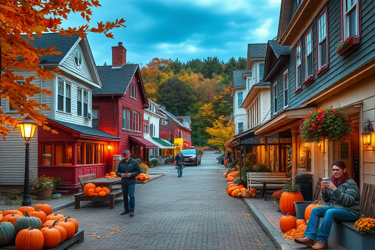 Depict an HD wide format image showing a bucolic New England town heading into fall and all of the highlights that come with the fall season. Including things like leaves changing color, pumpkins, people with fall coffee drinks and football.