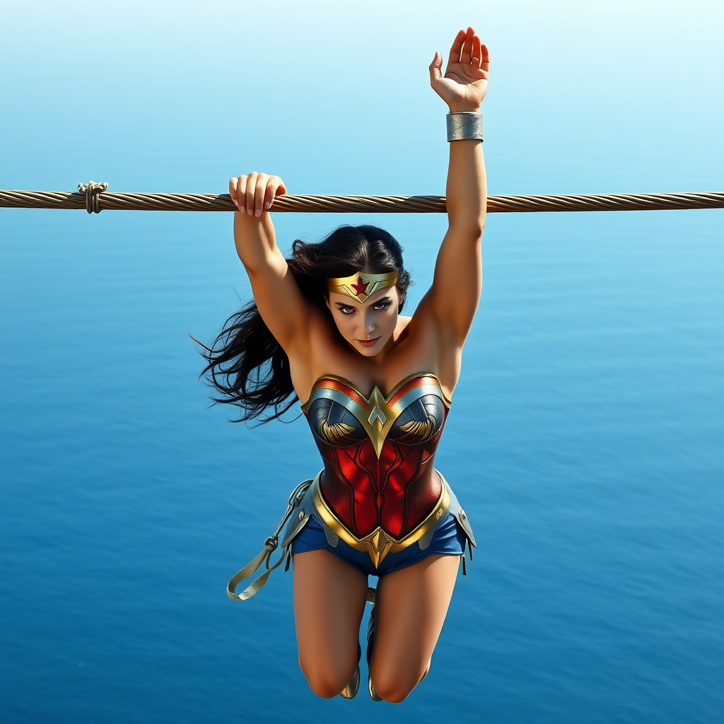 Create an image of Wonder Woman. She is hanging with both hands on a horizontal bar, with her arms extended over her head. The bar is suspended high above the ocean, and she is facing the viewer. The background consists of a vast expanse of sea, with nothing else visible on the horizon. HD DSLR Photo