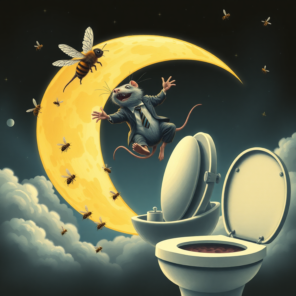 A rat politician diving off the moon into a toilet, bees, 2000s musical movie poster, no text, hell