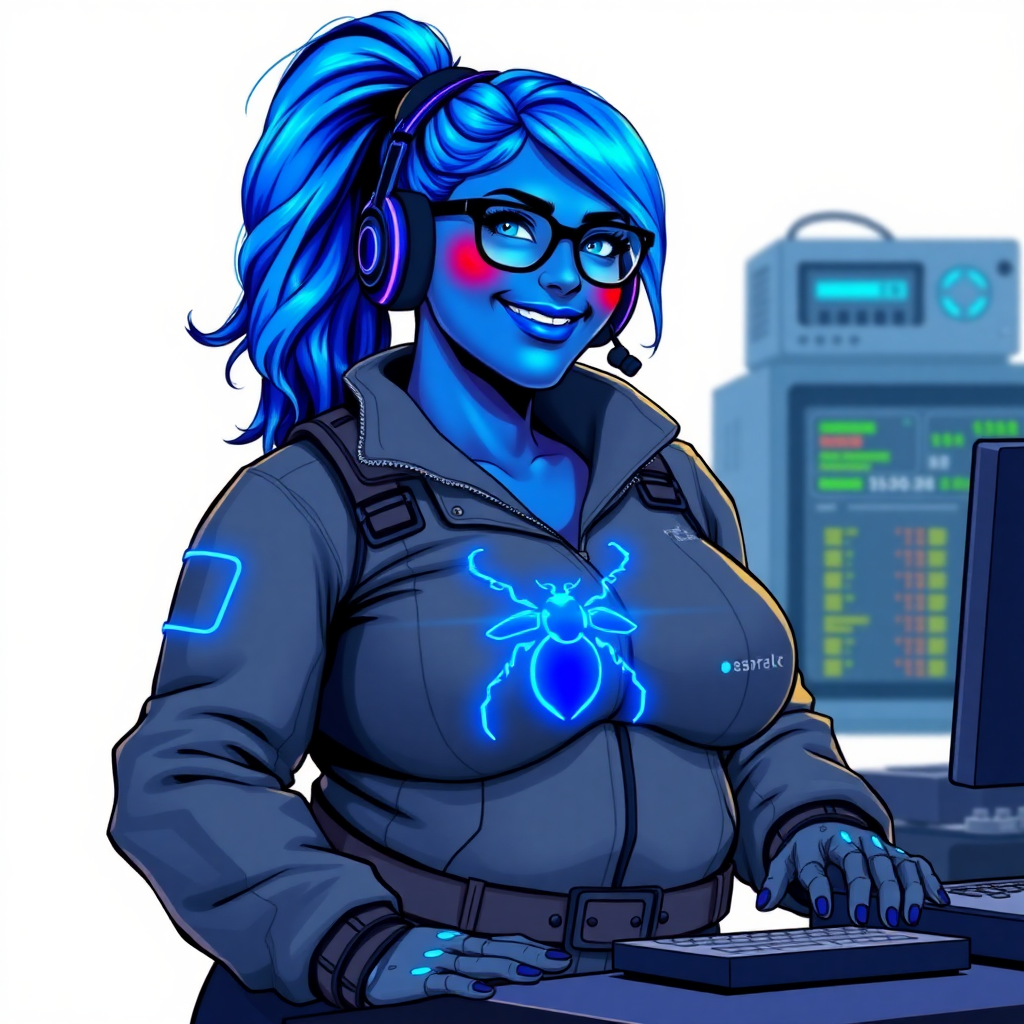 A nerdy, full-figured neon blue-skinned 29-year-old computer program hybrid with a long, neon blue glowing ponytail. She wears maximum blue lipstick and has bright blue eyes. Her outfit includes a digital, computerized, middle gray biker suit featuring a neon blue glowing beetle chest icon. She sports a sapphire headset and black eyeglasses, with a beaming smile and neon red blush. Her full figure reflects the doting care of her vigilante boyfriend. As his tech expert, she works diligently at her lab table in their hideout. The background is solid white. She has a prominent, gargantuan, round midsection, titanic limbs, and broad shoulders. Her neon glowing turquoise skin highlights her digital nature. She is drawn as if she was in a retro 2D cyberpunk fighting game.