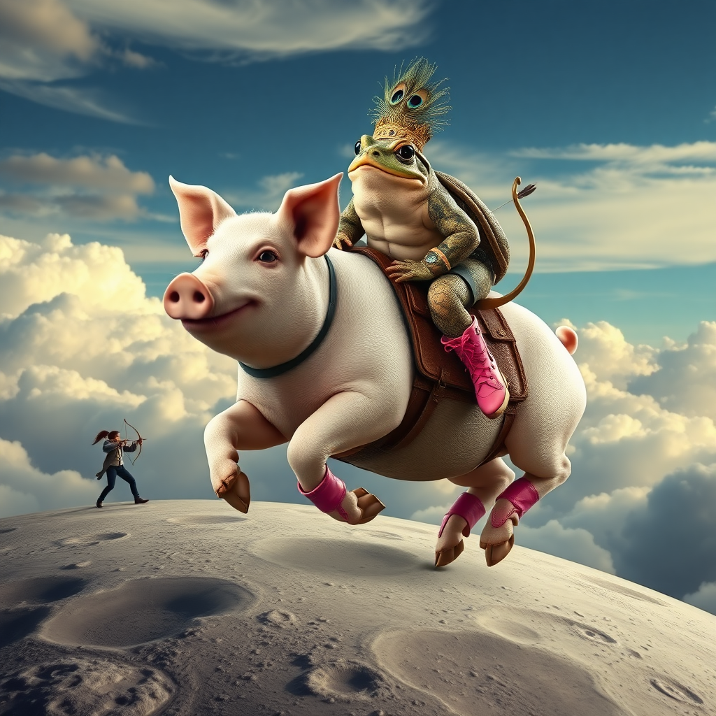 photorealistic pig with a wooden saddle galloping in the cloudy sky above the moon surface, the pig is mounted by a toad with blue eyes and a crown made of peacock feathers, the toad looks angrily and shows canine teeth, the pig smiles stupidly, the toad wears pink riding boots with spurs that pierce the pig's skin, in the distance there are small humans with bows and arrows aiming at the pig, the humans wear modern fashionable clothes