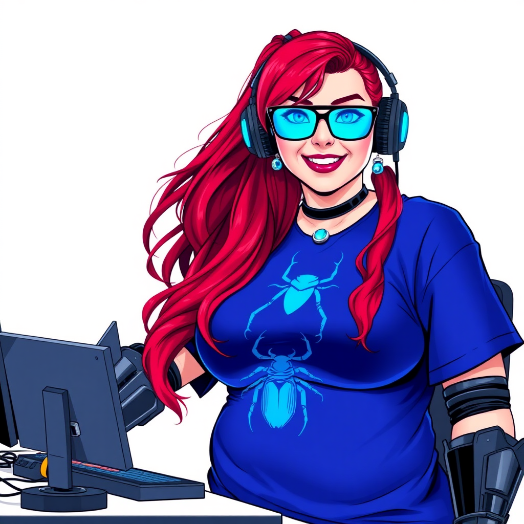 A cyberpunk vigilante’s full-figured intelligent and tech-savvy 29-year-old girlfriend, who is a computer hacker and tech genius. She has a long ruby red ponytail and bright blue eyes. She wears maximum blue lipstick, a sapphire beetle gemstone necklace, sapphire earrings, black eyeglasses, hi-tech metal arm armor, and an oversized maximum blue t-shirt featuring a neon blue glowing icon of a scarab beetle on its chest. She has a full-figured physique with a giant, round midsection, reflecting her well-cared-for lifestyle. She sports a sapphire headset with a hi-tech maximum turquoise lensed HUD, and a beaming smile with a passionate bright red blush. She serves as his tech expert from his hideout, diligently working at her lab table and computer desk. The background is solid white. She is drawn as if she was in a retro 2D cyberpunk fighting game.