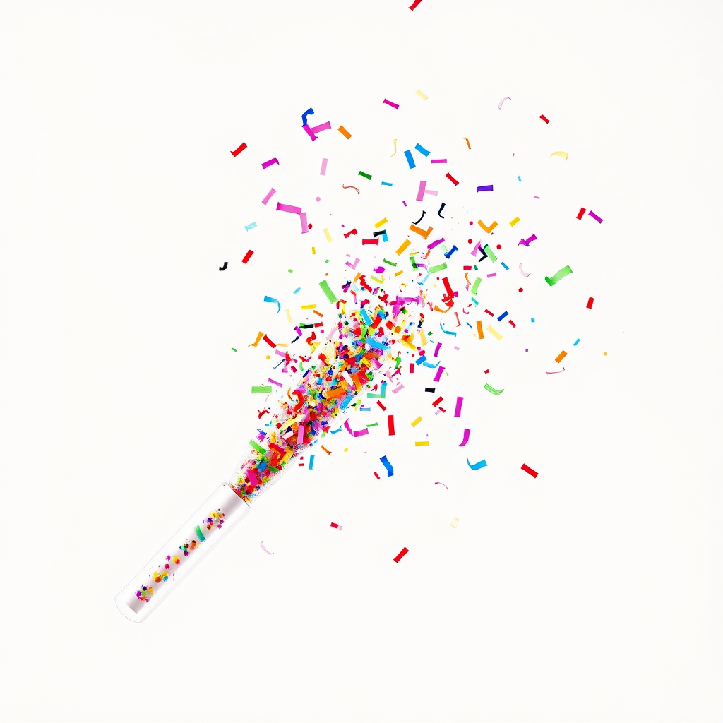 colorful confetti popper tube shooting big confetti into the air, at an angle, white background, realistic, beautiful, no distortions