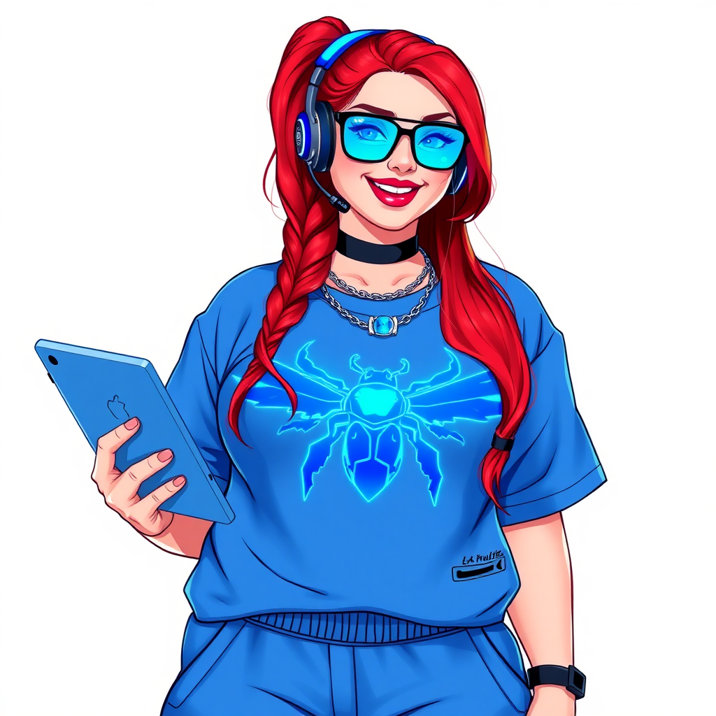 A cyberpunk vigilante’s full-figured intelligent and tech-savvy 29-year-old girlfriend, who is a computer hacker and tech genius. She has a long ruby red ponytail and bright blue eyes. She wears a sapphire beetle gemstone necklace, an oversized Maximum Blue (RGB 71, 171, 204) t-shirt featuring a giant neon blue chest icon of a winged beetle, and matching Maximum Blue sweatpants. She has a full-figured physique with an enormous, well-rounded midsection, reflecting her well-cared-for lifestyle. She sports a sapphire headset with a hi-tech Maximum Blue (RGB 71, 171, 204) lensed HUD visor, Maximum Blue (RGB 71, 171, 204) lipstick, black eyeglasses, and a beaming smile with a passionate bright red blush. Despite her figure and a lack of self-esteem, she radiates an air of beauty. She has an angular face which contributes to her radiant beauty. She serves as his tech expert from his hideout, holding a holographic tablet and a hi-tech tool wrench. The background is solid white. She is drawn as if she was in a retro 2D cyberpunk fighting game. Make sure her outfit covers her midsection.