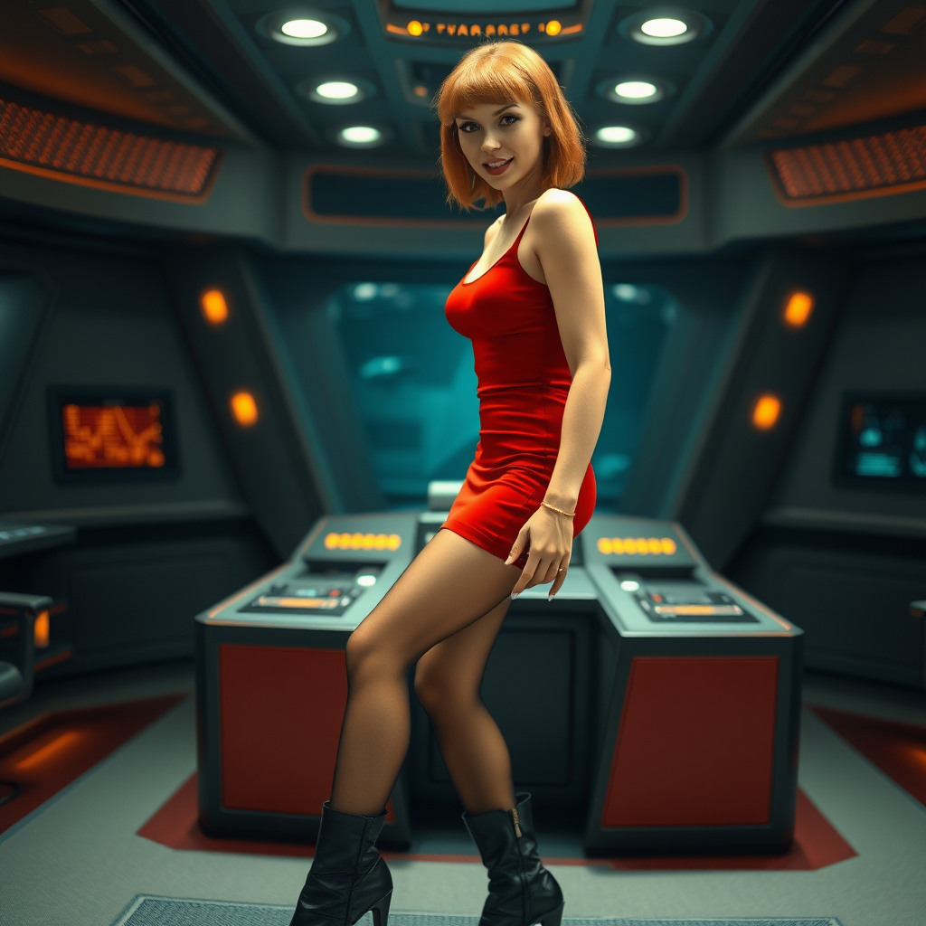 photorealistic, ultra high resolution, 16K, surreal fantasy, bright studio lighting, Tyler Swift is a pretty 24 year old male, slim male physique - no visible breast bulge, red hair, emo makeup, set on the bridge of Enterprise in Star Trek tv series, short red mini-dress, sheer black pantyhose, black stiletto calf-length boots, holding a phaser in his right hand, excited smile, facing the camera.