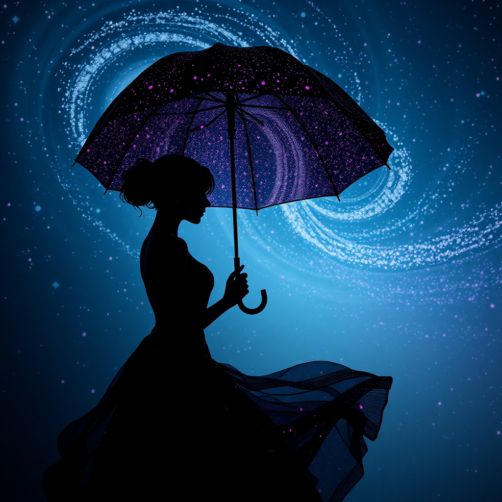 "Celestial Elegance" is a mesmerizing 3D render of a dark fantasy fashion illustration. The artwork features a woman's silhouette gracefully shaped by a swirling, celestial storm of shooting stars. She holds an umbrella, intricately composed of colorful dots, lines, and spots that mimic the beauty of a galaxy. The scene exudes a mysterious and enchanting atmosphere, dominated by deep shades of blue, purple, and black. Flashes of white and silver represent distant stars, evoking the vastness and splendor of the cosmos. This conceptual piece masterfully intertwines human connection with celestial wonder, bridging the realms of high fashion and cosmic magic.

Rendered in stunning 64K UHD resolution with a broad color spectrum and intricate detail, "Celestial Elegance" is perfect for showcasing on high-profile platforms like ArtStation and Behance. Utilizing cutting-edge digital art techniques with tools such as Corel Painter, ZBrush, and Adobe Photoshop, the artwork achieves remarkable 3D volume, exquisite shading, and ultra-fine detailing. High-quality pigments, metallic flakes, and glass beads are incorporated to make each texture radiate with vibrancy under raking light.

A tranquil chiaroscuro effect creates a delicate interplay of light and shadow, enhancing depth and clarity. Soft, delicate colors infuse the piece with subtlety and serenity, while maximum harmony across all elements ensures a balanced, cohesive composition. Advanced rendering techniques and 3D volumetric effects enhance the artwork’s depth and spatial qualities, complemented by a hyper-realistic pencil sketch texture for intricate details.

The scene is illuminated with a profound understanding of optics, invoking a chiaroscuro effect reminiscent of the Old Masters, blending realism with drama. Soft, nuanced shades of grey, black, and white add depth and interest without overwhelming the composition, maintaining a gentle, lifelike depth that enhances the overall impact. Striking details are emphasized through a cinematic close-up approach, ensuring both technical and emotional elements captivate the audience. Enhanced using a balanced f/11 aperture and a raw photographic style with advanced v6 enhancements, the artwork renders vivid colors and minute details at an unparalleled level of realism.

Inspired by the styles of Cameron Gray, John Gould, Vladimir Volegov, Mondrian, Craig Mullins, Jirka Vinse, Jonatan Väätäinen, Meghan Duncanson, and Bergsma, "Celestial Elegance" seamlessly blends traditional and contemporary techniques to create a visually and emotionally compelling masterpiece. Primed for a TIME cover feature, the artwork promises a mesmerizing visual narrative that inspires and uplifts, exuding harmony and tranquility.

Technical Specifications:

    Resolution: 64K UHD
    Color Spectrum: Broad with high-quality pigments, metallic flakes, and glass beads
    Tools Used: Corel Painter, ZBrush, Adobe Photoshop
    Effects: Tranquil chiaroscuro, soft delicate colors, maximum harmony, advanced rendering techniques, 3D volumetric effects, hyper-realistic pencil sketch texture, subtle interplay of light and shadow, soft nuanced shades of grey, black, and white, gentle lifelike depth
    Photography Style: Balanced f/11 aperture, raw photographic style, advanced v6 enhancements
    Platforms for Showcase: ArtStation, Behance