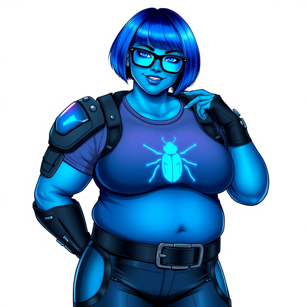 A 28-year-old, full-figured, metallic maximum blue (5PB 5/10) skinned computer program hybrid with a maximum blue bob cut. She has a non-athletic build, highlighted by a prominent, round, large midsection (with full emphasis on her round belly), which shows the effects of her love of junk food acquired from her boyfriend. As the full-figured, nerdy, digital sidekick to her cyberpunk vigilante boyfriend, her metallic maximum blue skin and maximum blue lipstick (5PB 5/12) emphasize her digital nature. Her skin has a subtle, animated glow, with digital patterns occasionally flickering across it, making her digital nature obvious. She wears a digital, computerized, superhero costume, consisting of a massive, tight-fitting, maximum blue t-shirt (5PB 5/12) made out of advanced nanotech with a neon blue chest icon of a beetle, hi-tech shoulder pads with neon blue accents, a black hi-tech belt with a digital neon blue glowing buckle, digital maximum blue biker pants (5PB 5/12) with neon blue accents, and black hi-tech fingerless biker gloves with neon blue glowing accents. Her neon blue glowing eyes, black eyeglasses with neon blue glowing lenses equipped with a built-in HUD, and bashful smile with neon red blush accentuate her nerdiness. She stands bashfully with one hand behind her back and the other hand gently touching her cheek, her costume covering all her skin (especially her midsection) and fully emphasizing her full figure (especially her round belly). She is clearly non-athletic, with a focus on her full-figured physique. Despite her build, she radiates beauty. She has a slim face compared to her physique, accentuating her radiant beauty. She is on a solid white background. She is drawn as if she were in a retro 2D cyberpunk fighting game.