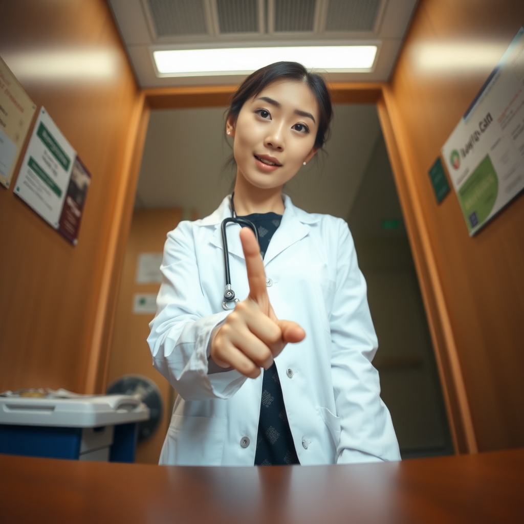 photo low angle POV Korean woman wearing lab coat standing and pointing her finger down toward the table in front of her. she has a surprised look on her face. she looks at the viewer