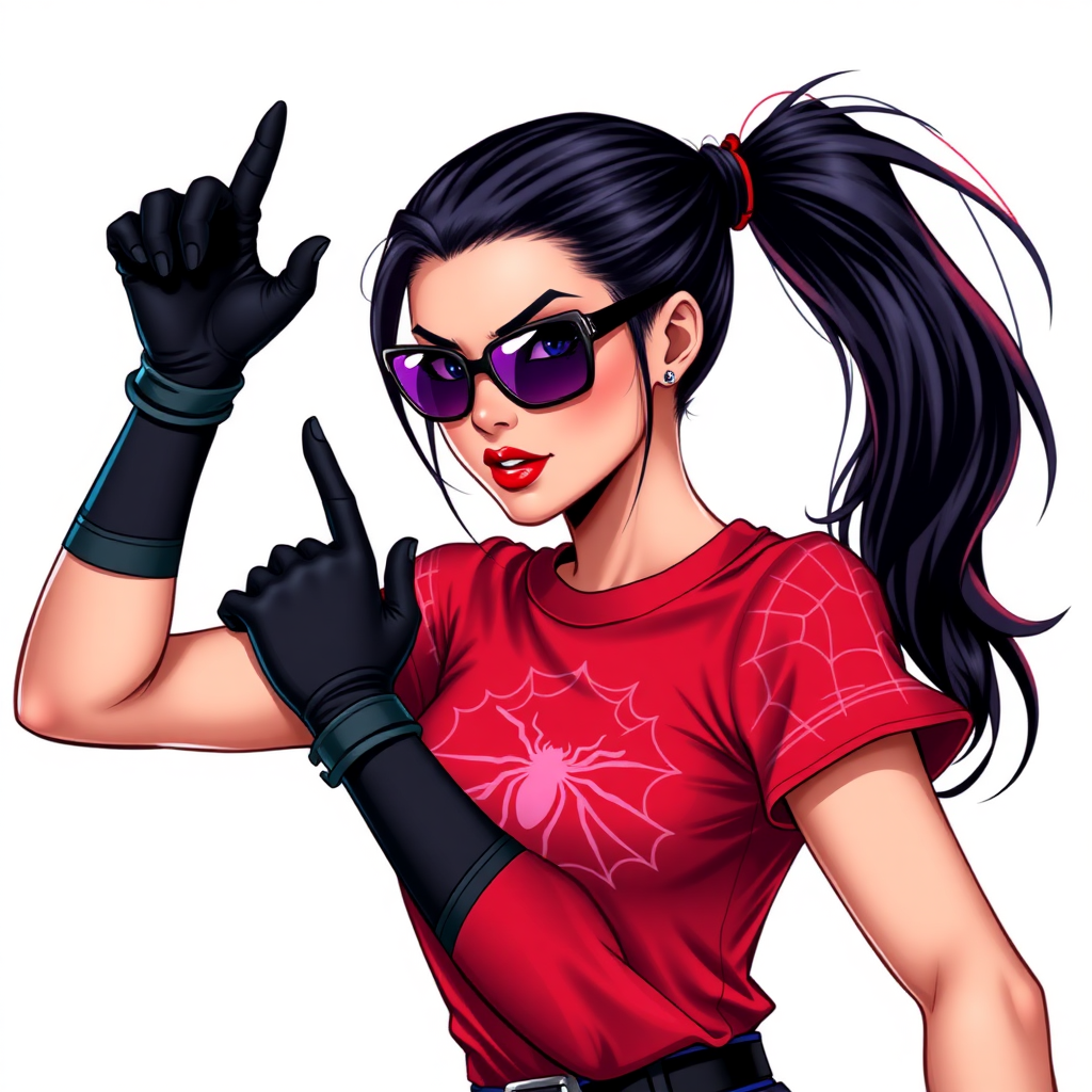 A 26-year-old mystical corporate hero hunter with a sleek black ponytail, bold red lipstick, striking blue eyes, dressed in a vibrant red t-shirt adorned with intricate neon red web patterns, equipped with black biker gloves, and wearing black-lensed shades and a mystical friedelite gemstone spider amulet, posing flirtatiously against a solid white background. She is drawn as if she was in a retro 2D cyberpunk fighting game. Ensure that the spider amulet is distinct from Marvel's Spider-Man and any other character.