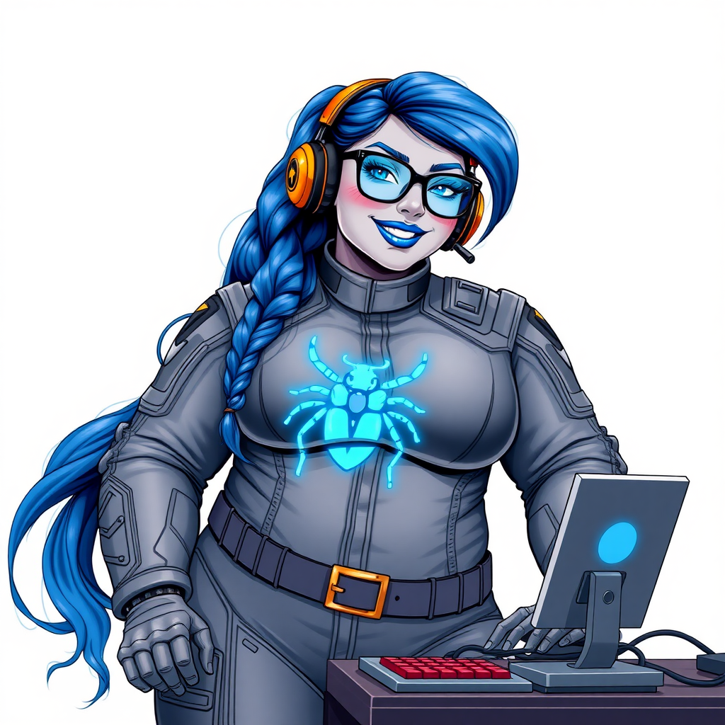 A nerdy, full-figured middle gray-skinned 29-year-old computer program hybrid with a long, maximum blue ponytail. She wears maximum blue lipstick and has bright blue eyes. Her outfit includes a digital, computerized, middle gray biker suit featuring a neon blue glowing beetle chest icon. She sports a sapphire headset and black eyeglasses, with a lovestruck smile and neon red blush. Her full figure reflects the doting care of her vigilante boyfriend. As his tech expert, she works diligently at her lab table in their hideout. The background is solid white. She has a prominent, gargantuan, round midsection, thick limbs, and broad shoulders. Her middle gray metallic skin highlights her digital nature. The biker suit blends with her middle gray skin appearing to merge together as computer data. She is drawn as if she was in a retro 2D cyberpunk fighting game.