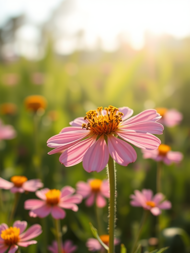 Draw a wildflower that looks like a photograph, with the background expressed softly in out-focus, like a backlit photo with sunlight shining through, depicting flowers in July abundant with green.