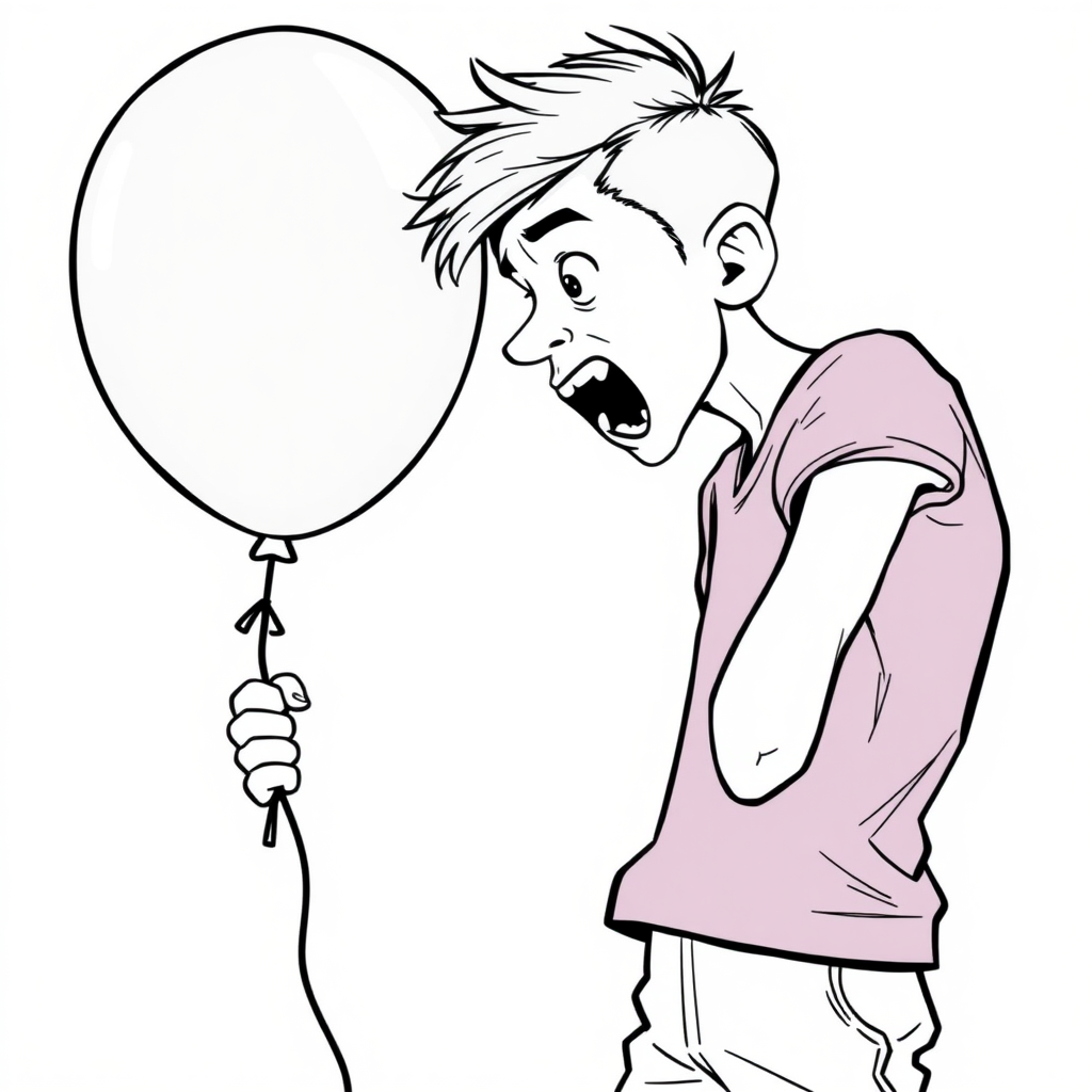 short 15 year old european skinny boy, punching a balloon, tense fabric, massive hernia in the balloon, side view, 2D, caricature, cartoon, Sketch lines, coloring book, coloring book style on white background, well composed, clean coloring book page, No dither, no gradient, strong outline, No fill, No solids, vector illustration, realistic proportions