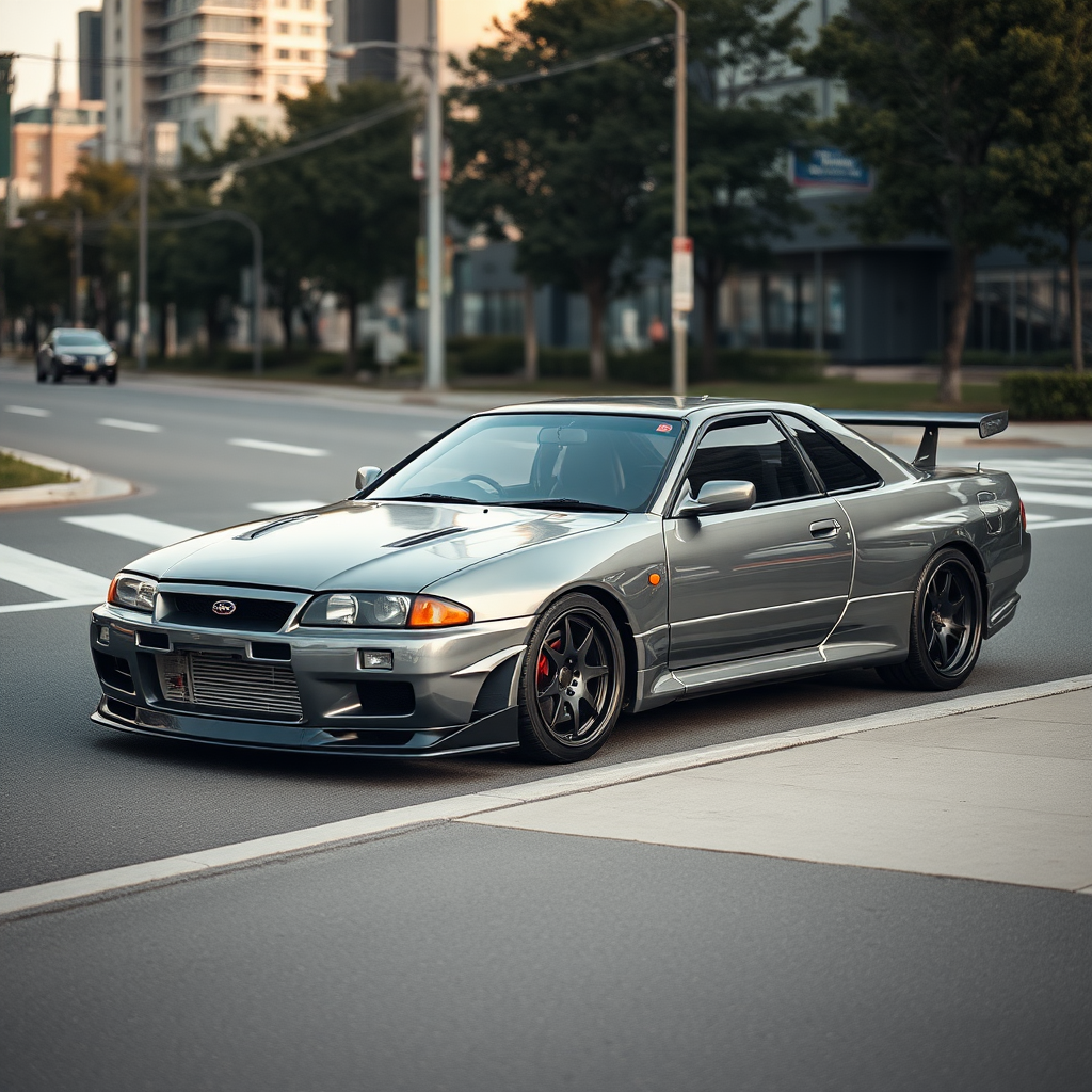 The car is parked on the side of the road, inspired by Taiyō Matsumoto, tumblr, restomod, nd4, c4 metallic shine gray black nissan skyline r34 tokyo gece cosplay kadınlar arkaplan hatasız ayrıntılı genel gerçek detaylar