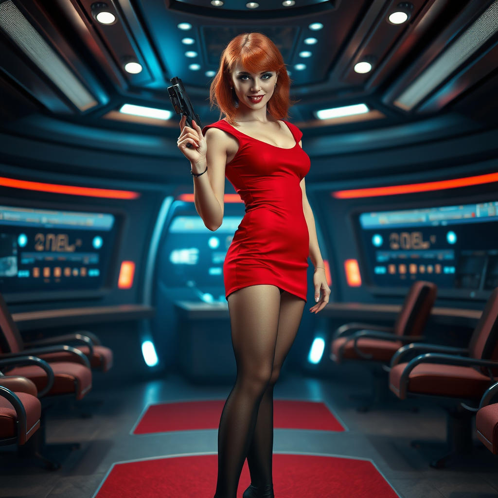 photorealistic, ultra high resolution, 16K, surreal fantasy, bright studio lighting, Tyler Swift is a pretty 24 year old male, slim male physique - no visible breast bulge, red hair, emo makeup, set on the bridge of Enterprise in Star Trek tv series, short red mini-dress, sheer black pantyhose, black stiletto calf-length boots, holding a phaser in his right hand, excited smile, facing the camera.