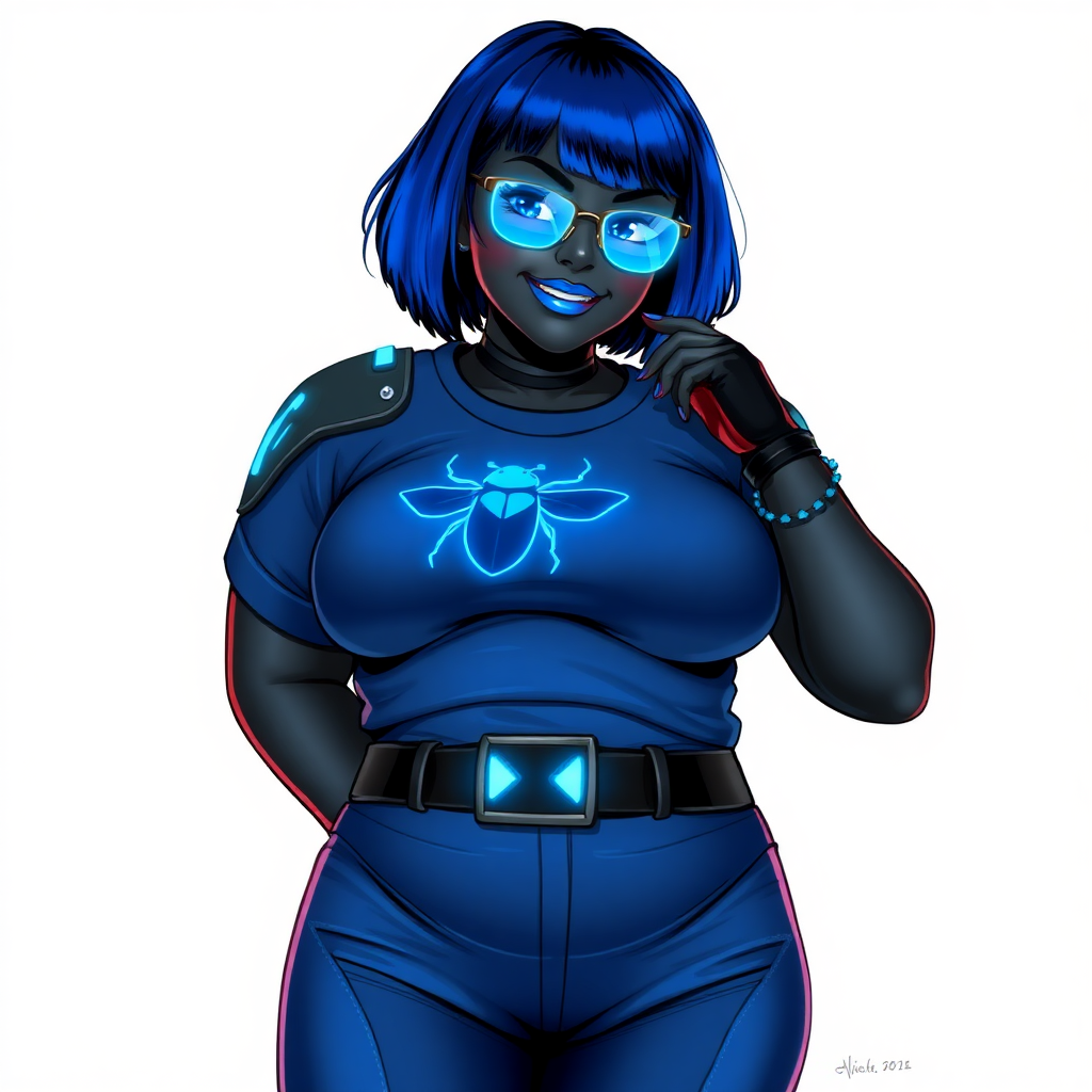 A 28-year-old, full-figured, metallic maximum black (N0) skinned computer program hybrid with a maximum blue bob cut. She has a non-athletic build, highlighted by a prominent, round, large midsection (with emphasis on her belly), which shows the effects of her new love of junk food acquired from her boyfriend. As the full-figured, nerdy, digital sidekick to her cyberpunk vigilante boyfriend, her metallic maximum black (N0) skin and maximum blue lipstick emphasize her digital nature. Her skin has a subtle, animated glow, with digital patterns occasionally flickering across it, making her digital nature obvious. She wears a digital, computerized costume, consisting of a huge, tight-fitting, maximum blue t-shirt with a neon blue glowing chest icon of a beetle, hi-tech shoulder pads with neon blue accents, a black hi-tech belt with a digital neon blue glowing buckle, digital maximum blue biker pants with neon blue accents, and black hi-tech fingerless biker gloves with neon blue glowing accents. Her neon blue glowing eyes, black eyeglasses with neon blue glowing lenses equipped with a built-in HUD, and bashful smile with neon red blush accentuate her nerdiness. She stands bashfully with one hand behind her back and the other hand gently touching her cheek, her costume covering all her skin and emphasizing her full-figured physique (especially her belly). She is clearly non-athletic, with a focus on her full-figured physique. Despite her build, she radiates beauty. She has a slim face compared to her physique, accentuating her radiant beauty. She is on a solid white background. She is drawn as if she were in a retro 2D cyberpunk fighting game.