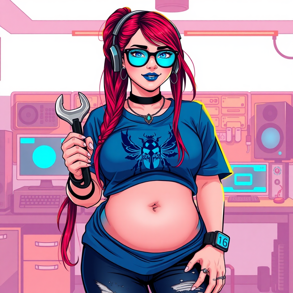 A cyberpunk vigilante’s full-figured intelligent and tech-savvy 29-year-old girlfriend, who is a computer hacker and tech genius. She has a long ruby red ponytail streaked with sky blue. She wears maximum blue lipstick, blue eyes, a sapphire beetle gemstone necklace, sapphire earrings, black eyeglasses, a futuristic holographic wristwatch computer, and an oversized maximum blue t-shirt featuring a neon blue beetle chest emblem. She has a full-figured, well-rounded physique with a prominent, round midsection, reflecting her well-cared-for lifestyle. Her round midsection is broadened and bloated to emphasize her figure. She sports a sapphire headset with a high-tech maximum turquoise lensed HUD, and a shy smile with a neon red blush. She is holding a futuristic hi-tech wrench while standing in her workshop in front of her computer desk and work bench. The background is solid white. She is drawn as if she was in a retro 2D cyberpunk fighting game.