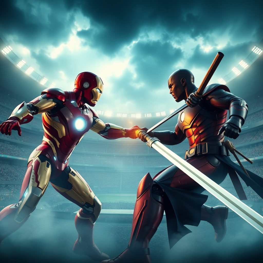 In the center of a vast stadium, Iron Man faces off in a fierce battle with Deathstroke. The 3D rendered image is stunningly photorealistic, every detail brought vividly to life. A magical, ethereal glow surrounds the scene, casting intricate dramatic shadows on the combatants beneath a stormy sky. The impeccable quality of the rendering immerses viewers in the epic clash between these legendary figures, creating a truly mesmerizing visual experience.