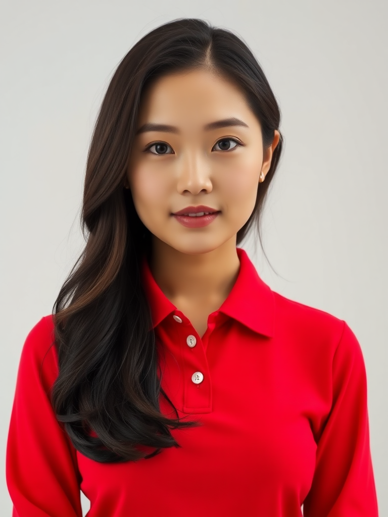 A Asian woman wearing a red long-sleeved polo shirt. Full body, front view, looking at viewer.