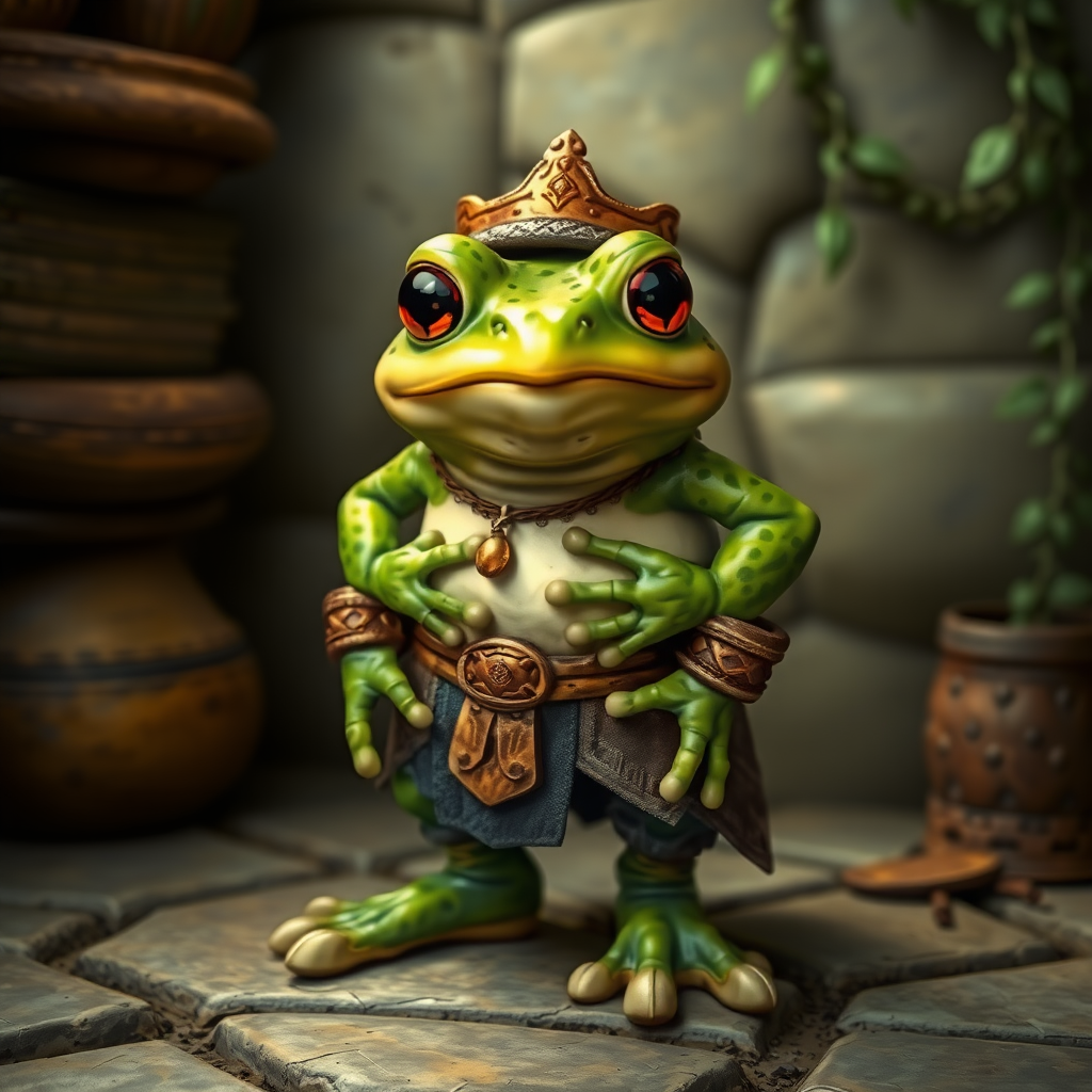 Anthropomorphic frog in a medieval setting and clothing and shoes