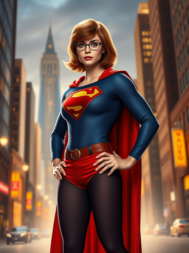 Create a full-length photorealistic image of a composite character. Combine Velma Dinkley's head, including her hairstyle and facial features, using a male body type resembling Superman's physique. Adjust Velma's iconic costume to fit the new body shape. The background should blend elements from both character universes, showcasing a cityscape that reflects the mystery-solving aspects of Velma alongside the heroic theme of Superman. Emphasize dynamic lighting to enhance the scene, capturing a sense of adventure and intrigue in this unique character mashup.