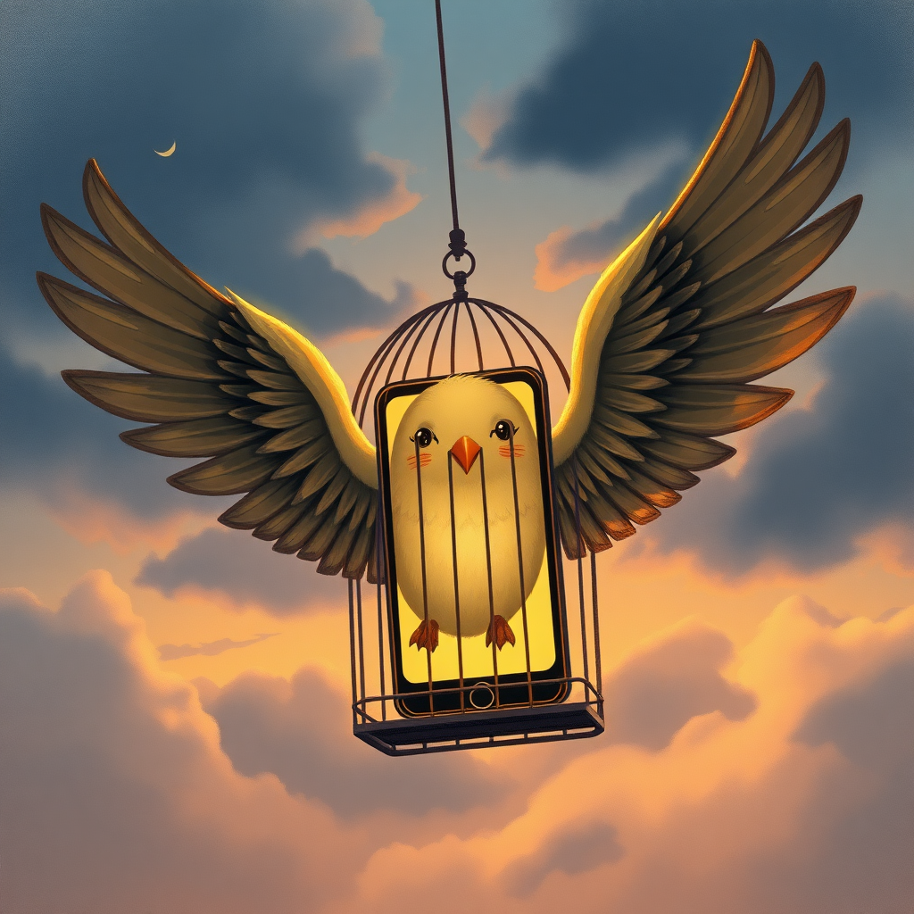 A recently liberated iPhone with wings flying out of a bird cage and into a twilight sky, in the style of a professional children's illustration, lots of detail