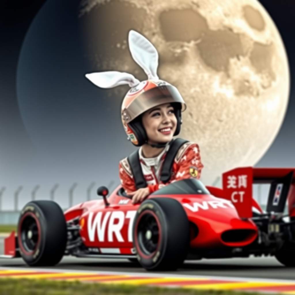 On the racetrack, there is a red racing car with "WRT" written on it. A beautiful female Chinese racer is wearing a full-face helmet, the visor of which is lifted. She is laughing, and there are white bunny ears standing up on her helmet. The background features a giant moon where craters can be seen.