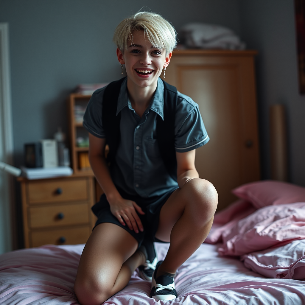 photorealistic, ultra high resolution, 16K, surreal fantasy, soft studio lighting, a pretty 16 year old goth male, slim male physique, short blonde hair, goth makeup, earrings, sheer pantyhose, UK girls-school uniform, Mary-Jane shoes, in the bedroom - , excited smile, facing the camera.