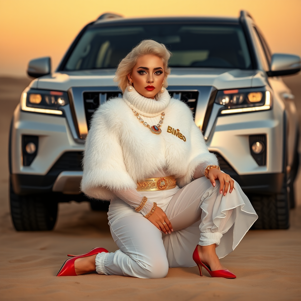 Kuwait desert dunes misty dawn, full size luxury SUV: Melissa, European 17 years old very convincing femboy “trophy-bimbo”, tamed servile docile, very beautiful feminine flawless face, rather short, by hormones very curvaceous womanly figured, platinum blond short tight curls, bold red lips, long white French nails, heavily made-up face, wearing Supertanya-style fluffy very fuzzy bright white angora turtleneck-poncho cropped ending under bust decorated with pearls and glass stones, striking oriental wide gold bridal protection belt, white fully transparent harem pants, bright red pumps with golden very high heels, full Oriental bridal jewelry including headpiece, nose-ring, coin wristlets, coin anklets, striking diamond “Bimbo” letter brooch on left chest, thick heavy pearl wristlets, pearl anklets, pout frustrated, kneeling in sand in front of SUV, looking at camera. Focus on face and turtleneck-poncho.