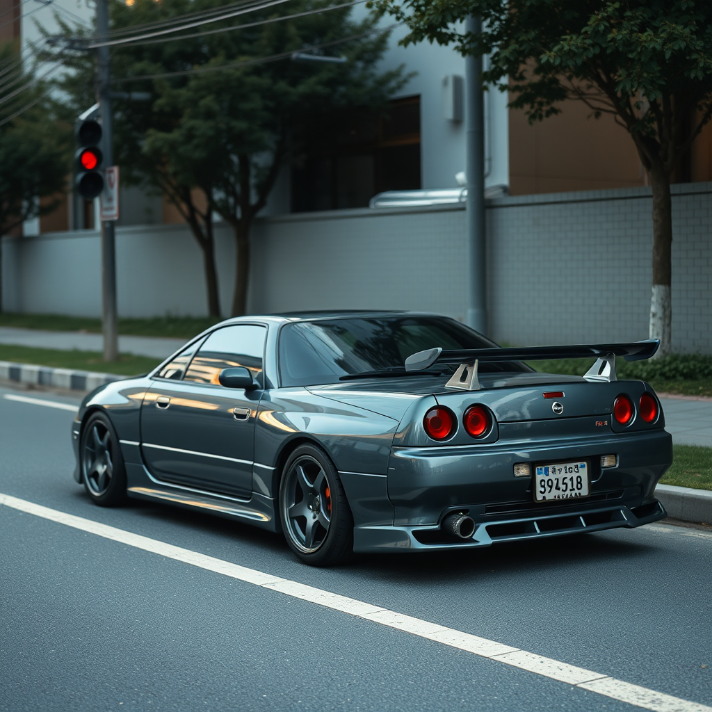 The car is parked on the side of the road, inspired by Taiyō Matsumoto, tumblr, restomod, nd4, c4 metallic shine nissan skyline r34 tokyo gece arkaplan