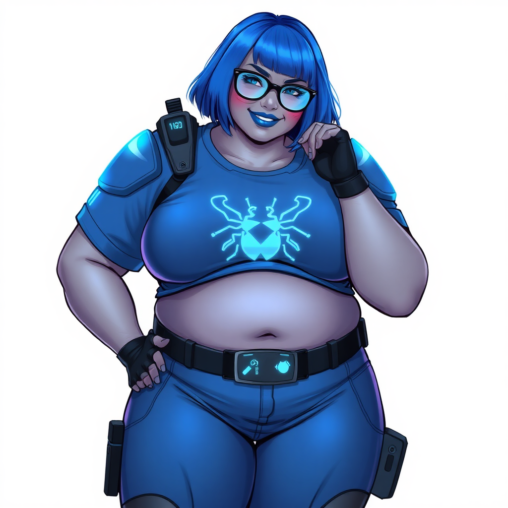 A 28-year-old, full-figured, middle gray skinned computer program hybrid with a maximum blue bob cut. She has a non-athletic build, highlighted by a prominent, round, large midsection (with emphasis on her large belly), which shows the aftermath of her pampering. As the heavily pampered digital sidekick to her cyberpunk vigilante boyfriend, her middle gray metallic skin and maximum blue lipstick emphasize her digital nature. She wears a digital, computerized costume inspired by DC’s Carrie Kelly Robin, consisting of a huge, tight-fitting, maximum blue t-shirt with a neon blue glowing chest icon of a beetle, hi-tech shoulder pads with neon blue accents, a black hi-tech belt with a digital neon blue glowing buckle, digital maximum blue pants with neon blue accents, and black hi-tech fingerless biker gloves with neon blue glowing accents. Her neon blue glowing eyes, black eyeglasses with a neon blue glowing HUD built into the lenses, and shy smile with neon red blush accentuate her nerdiness. She stands bashfully with one hand behind her back and the other hand gently touching her cheek, her costume covering all her skin and emphasizing her full-figured physique (especially her belly). She is clearly non-athletic, with a heavy focus on her large belly. Despite her build, she radiates beauty. She has a slim face compared to her physique, accentuating her radiant beauty. She is on a solid white background. She is drawn as if she were in a retro 2D cyberpunk fighting game.