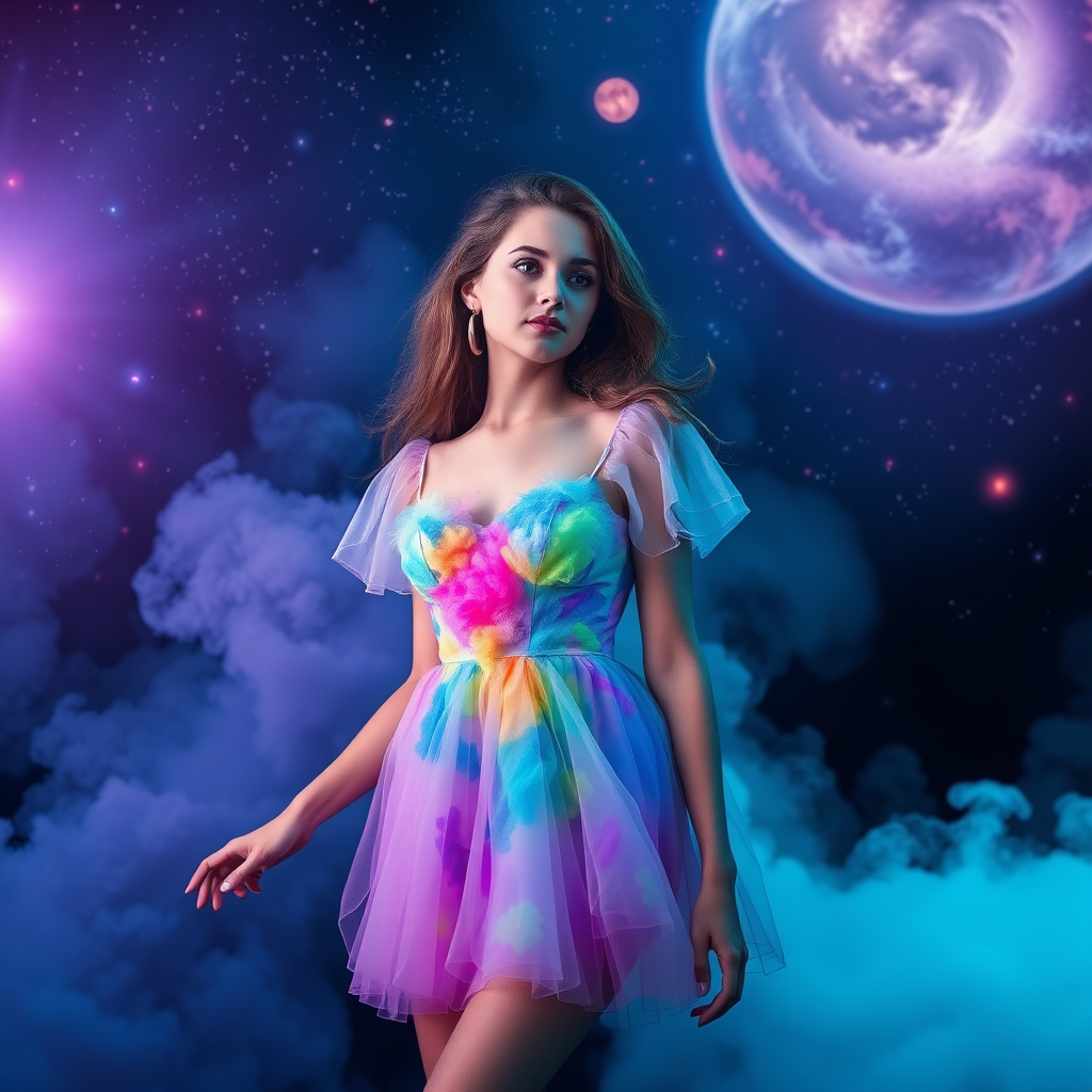 a beautiful girl dressed in a colorful smoke dress in a galactic landscape