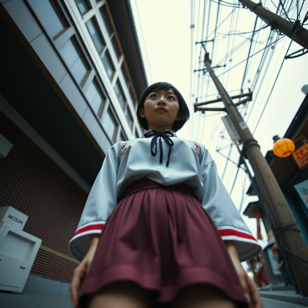 photo low angle POV full body view Japanese woman wearing seifuku looking down at viewer