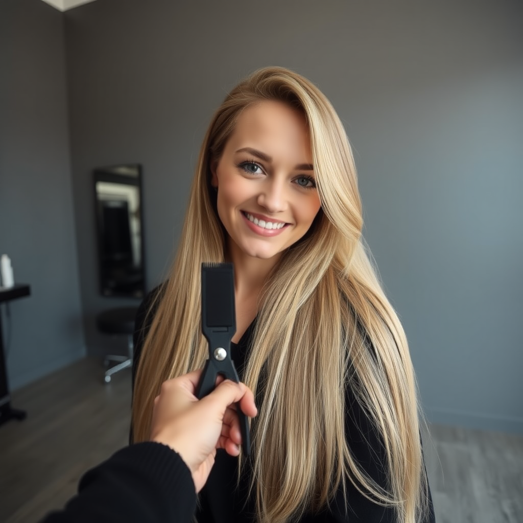 POV, beautiful very long haired blonde woman sitting in a hair salon smiling at the camera while I reach out from behind the camera to trim her very long hair. Plain gray background.