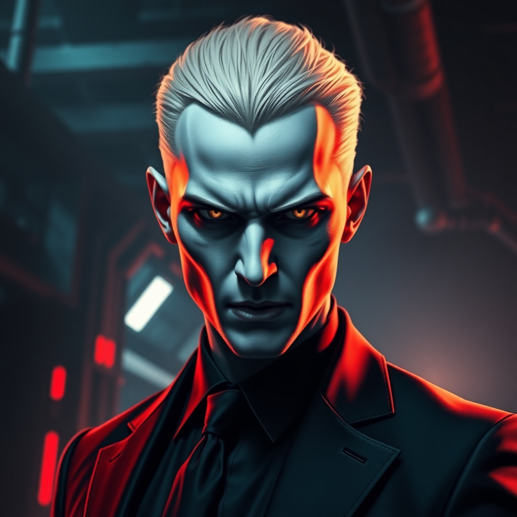 a dark and intense portrayal of the character Jackal from the Red Rising series. He is a cold, calculating figure with white pale skin, sharp features, and a cruel, piercing gaze. His left arm ends at the elbow. His blonde hair is neatly styled, adding to his sense of control and menace. His pupils are gold colored. Jackal should be dressed in sleek, formal attire, hinting at his high status in the Gold society. The background should be an industrial scifi, futuristic setting, with dim, metallic tones and glowing red lights, symbolizing the dystopian world he manipulates. His expression should convey both intelligence and ruthlessness, and his body language should exude authority, as if he is always planning his next move. he is 19 years old