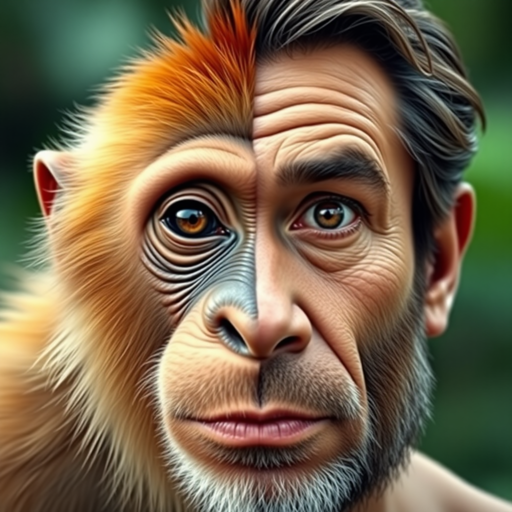 Face front.
Left side of a monkey's face and right side of a man's face.
Two faces in one.