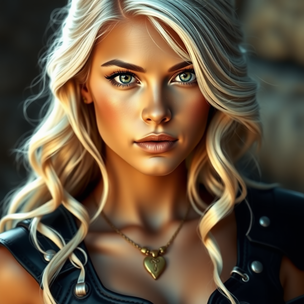 Portrait of a beautiful young woman with long wavy platinum blonde hair, green eyes, a suntan, large breasts, and light brown eyebrows. She is wearing black leather armor and a gold necklace with a small heart pendant.