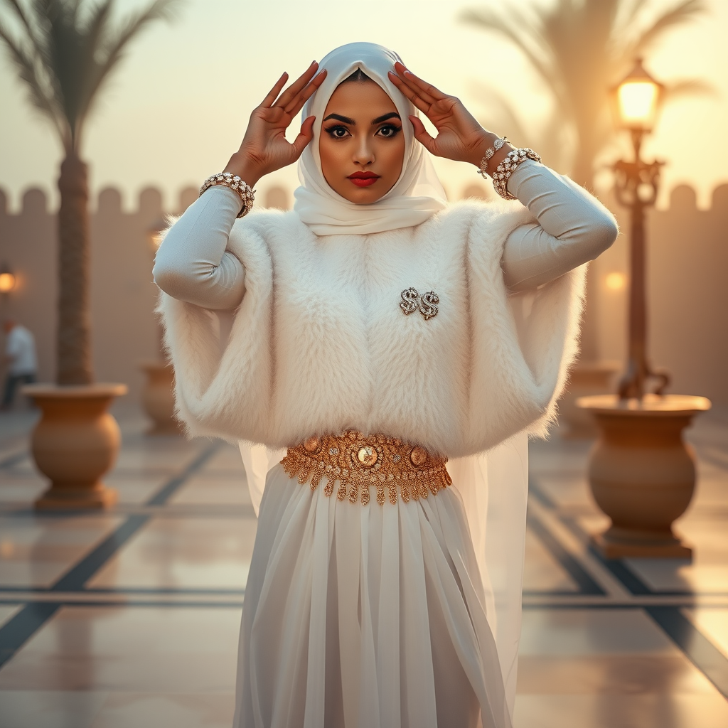 Kuwait desert palace harem patio misty dawn: Melissa, European 17 years old very convincing femboy “trophy-bimbo”, tamed servile docile, very beautiful feminine flawless face, rather short, by hormones very curvaceous womanly figured, heavily made-up eyes, wearing Supertanya-style fluffy very fuzzy bright white angora turtleneck-poncho cropped ending under bust decorated with pearls and gemstones, striking oriental wide gold bridal protection belt, white fully transparent harem pants, full Oriental bridal jewelry, face covered by white sheer full Burka, coin anklets, striking diamond “$$$” letter brooch on left chest, pout frustrated, seductively dancing hands over her head, looking at camera. Full view.