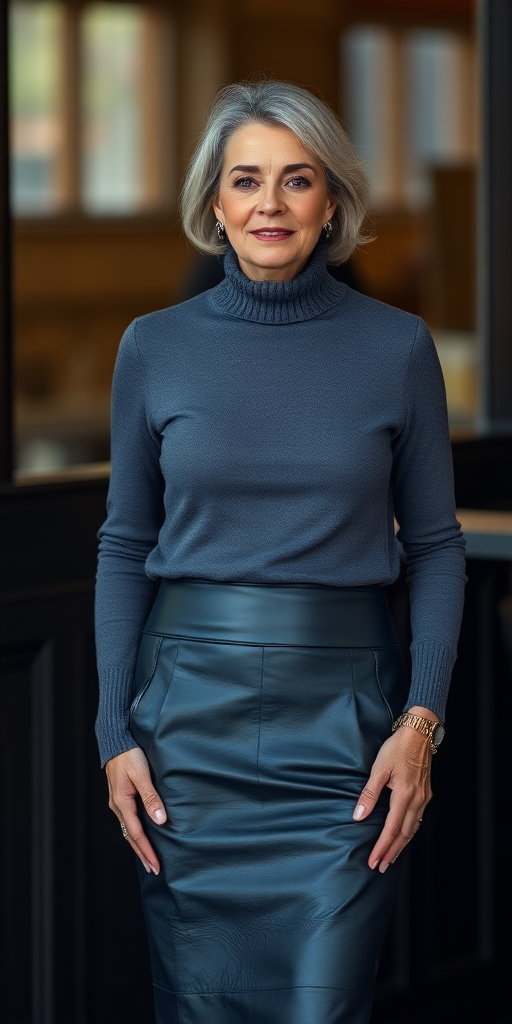 a mature woman wearing a knee long leather pencil skirt and fitted turtleneck sweater