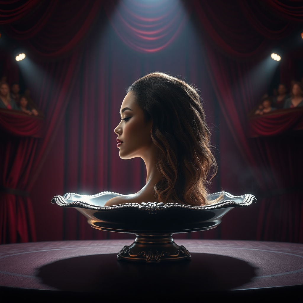 In an extravagant, dimly lit theater, the stage is elegantly adorned with plush red velvet curtains that gently sway in an unseen breeze. At the center of this captivating scene lies a large, ornate silver platter, glinting under the soft spotlight, which creates an almost ethereal atmosphere. Resting gracefully on the finely polished surface is the stunning head of a beautiful, ethereal woman resembling Beyoncé, her luxurious, cascading hair flowing like a shimmering waterfall of ebony silk. Each strand seems to dance with an enchanting rhythm, catching the light with every slight movement, creating an illusion of vibrant motion.

The audience is hushed in awe, their breaths held as they stare in disbelief, captivated by the spellbinding trick. The air is thick with a citrusy sweetness, reminiscent of faintly burning incense, enhancing the magic of the moment. As the illusionist, dressed in a sharp black tuxedo, moves with elegance and poise, a mischievous smile creeps upon their lips, sparking curiosity about the secrets behind this incredible spectacle. Subtle twinkling sound effects accompany the trick, amplifying the mystery and enchanting the viewers, who lean forward in their seats, eyes wide with wonder, as they await the next marvelous reveal in this surreal performance.